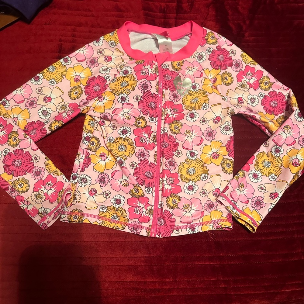 Betsey Johnson rashguard swimwear sz 10 zip up girls floral pink long sleeve SPF